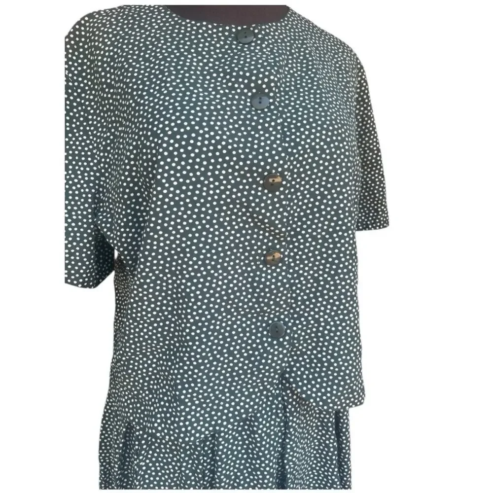 Vtg 90s Green Polka Dot Blouse Matching Midi Skirt Coord Set M  Femme Tradwife
